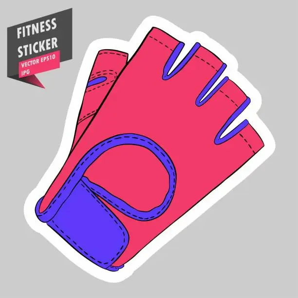 Vector illustration of Workout gloves. Exercise. Gym. Equipment. Fitness routine. Active lifestyle. Hand drawn colorful illustration. Sticker for printing. High resolution. Vector EPS10 and IPG