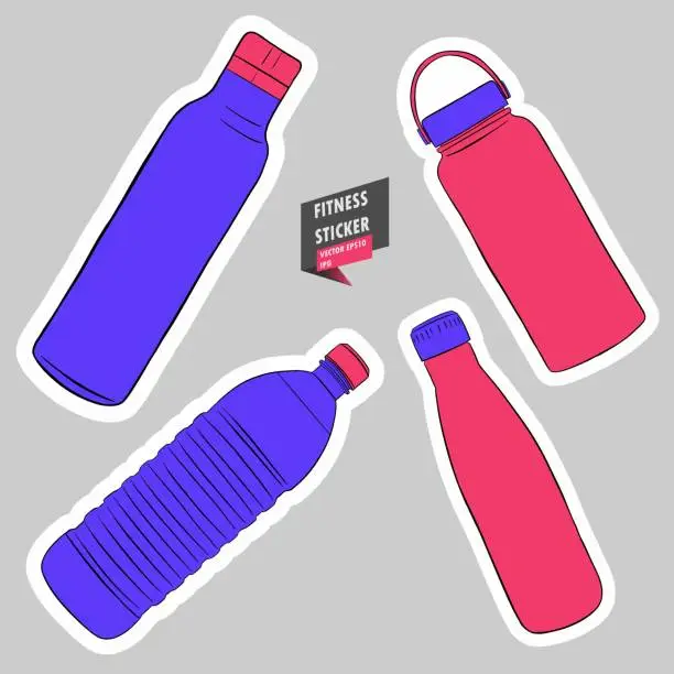 Vector illustration of Water bottle. Hydration. Gym. Equipment. Fitness routine. Active lifestyle. Hand drawn colorful illustration. Sticker for printing. High resolution. Vector EPS10 and IPG