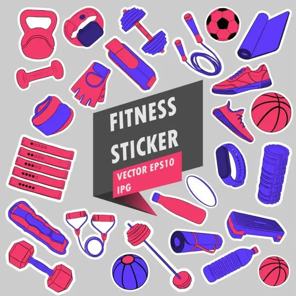 Vector illustration of Gym Equipment. Fitness routine. Active lifestyle. Hand drawn colorful illustration. Sticker for printing. High resolution. Vector EPS10 and IPG