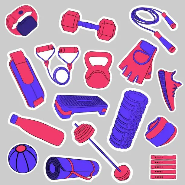 Vector illustration of Gym Equipment. Fitness routine. Active lifestyle. Hand drawn colorful illustration. Sticker for printing. High resolution. Vector EPS10 and IPG