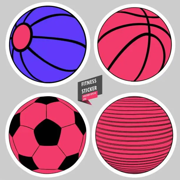 Vector illustration of Football ball. Fit ball. Medicine ball. Basketball ball. Gym. Equipment. Fitness routine. Active lifestyle. Hand drawn colorful illustration. Sticker for printing. High resolution. Vector EPS10