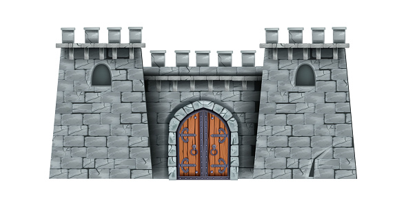 Historical game citadel illustration, town entrance. Fortification castle tower facade front view