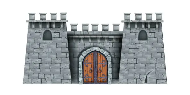 Vector illustration of Medieval castle tower, ancient stone city entrance, fortress brick wall, wooden isolated double door.