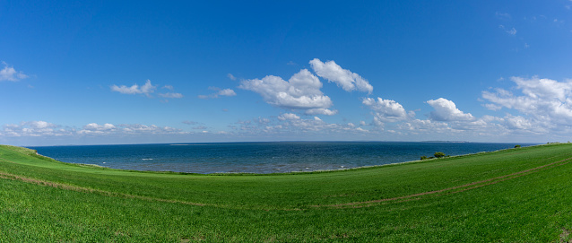A sloping green grass farm field leading down to the shores of the North Sea at the Limfjord in northern Denmark