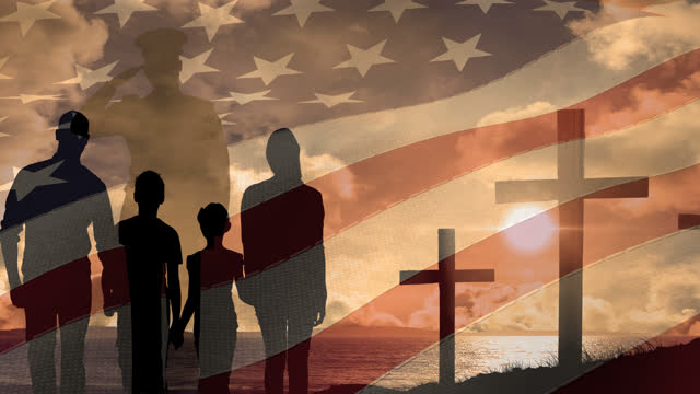 Animation of crucifix soldier silhouette saluting and family moving over american flag