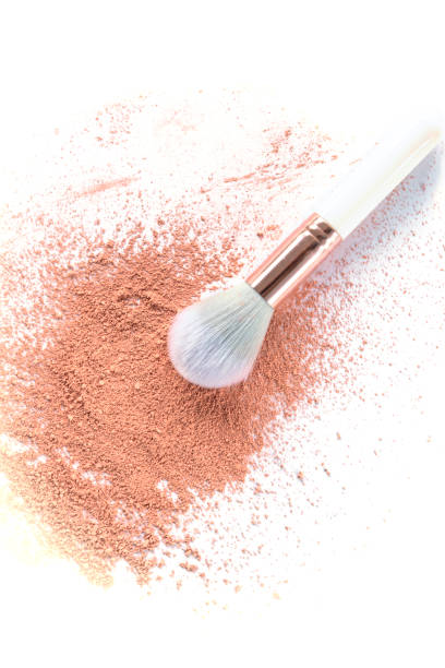 istock Make up brush with sprinkled powder isolated on white background. Top view 1323493808
