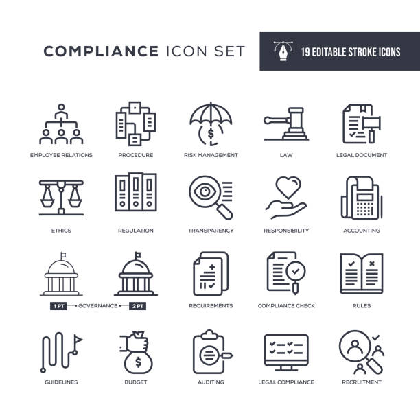 ilustrações de stock, clip art, desenhos animados e ícones de compliance editable stroke line icons - compliance