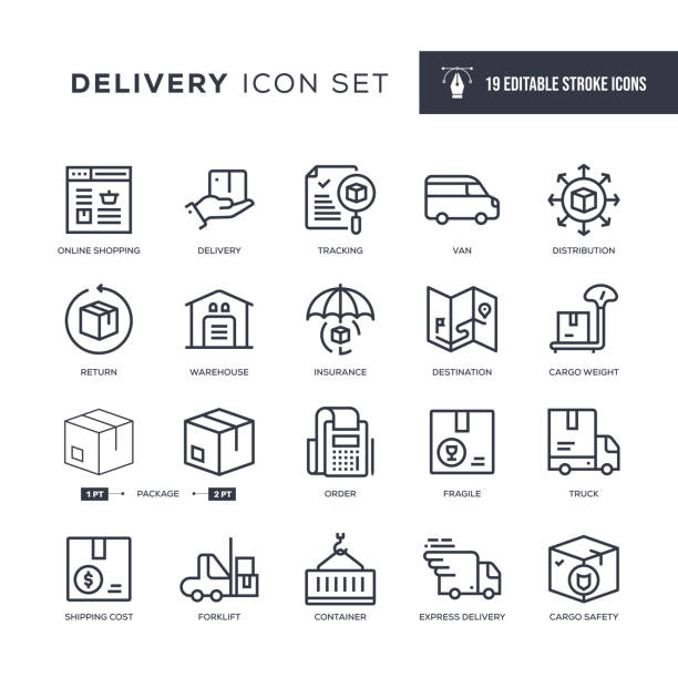 delivery editable stroke line icons - warehouse distribution warehouse occupation truck stock-grafiken, -clipart, -cartoons und -symbole