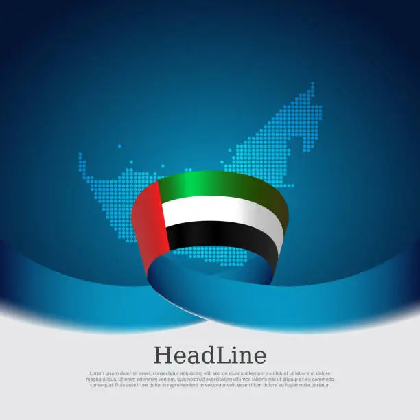 Vector illustration of United arab emirates flag with wavy ribbon on a blue white background. Background with flag of uae, mosaic map. UAE national poster. Vector design state patriotic banner, cover, business flyer