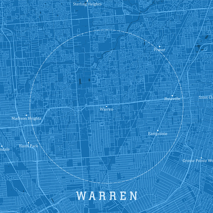 Warren MI City Vector Road Map Blue Text. All source data is in the public domain. U.S. Census Bureau Census Tiger. Used Layers: areawater, linearwater, roads.