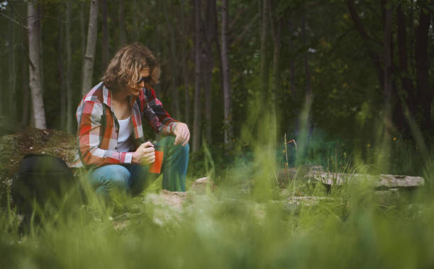 istock Man sits in front of bonfire in the forest. 1323499501