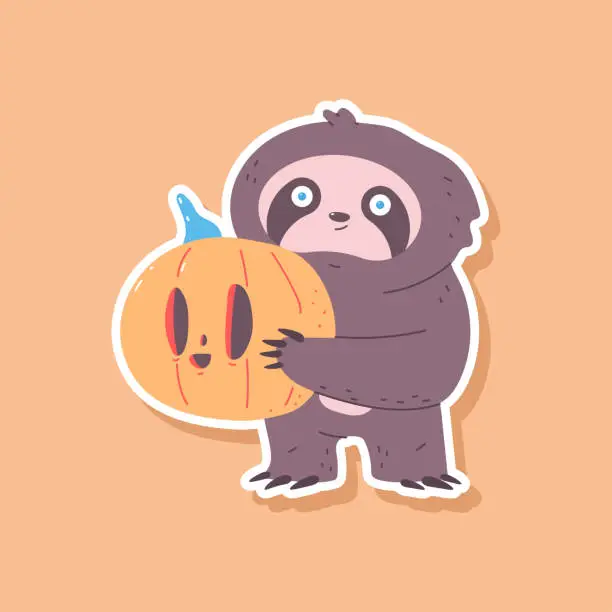 Vector illustration of Cute sloth with Halloween pumpkin vector sticker illustration isolated on background.