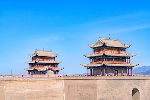 The majestic Jiayuguan Great Wall Corner Tower in Gansu Province, China.
The turret of the Great Wall in Jiayuguan, Gansu, China