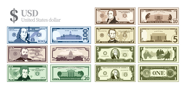 US currency, Collection of vector illustration on the front and back of U.S. banknotes.