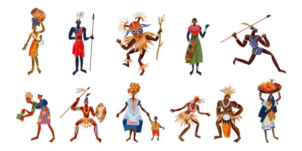afrykańscy plemienni ludzie ustawiają się. mężczyźni i kobiety, dzieci w obrazie wektorowym plemienia. dziewczyny z dziećmi, jedzenie, chłopaki z włóczniami, instrumentami muzycznymi. tradycyjne etniczne elementy kulturowe - african descent africa african culture pattern stock illustrations