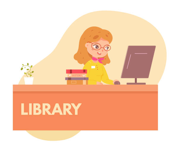 ilustraciones, imágenes clip art, dibujos animados e iconos de stock de bibliotecario en la escena de la biblioteca. mujer joven que trabaja en el escritorio en la ilustración del vector del monitor de la computadora. contador moderno con libros, planta aislada sobre fondo blanco. escuela o universidad - librarian