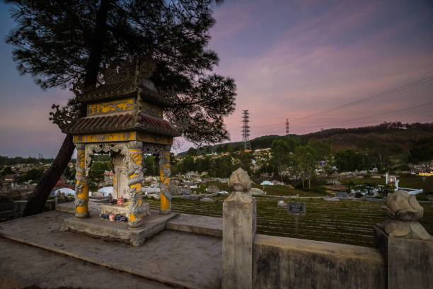 Beautiful colorful photo of Princess temple and surrounding graveyards in Hue, Vietnam. Popular religious place with no tourist.