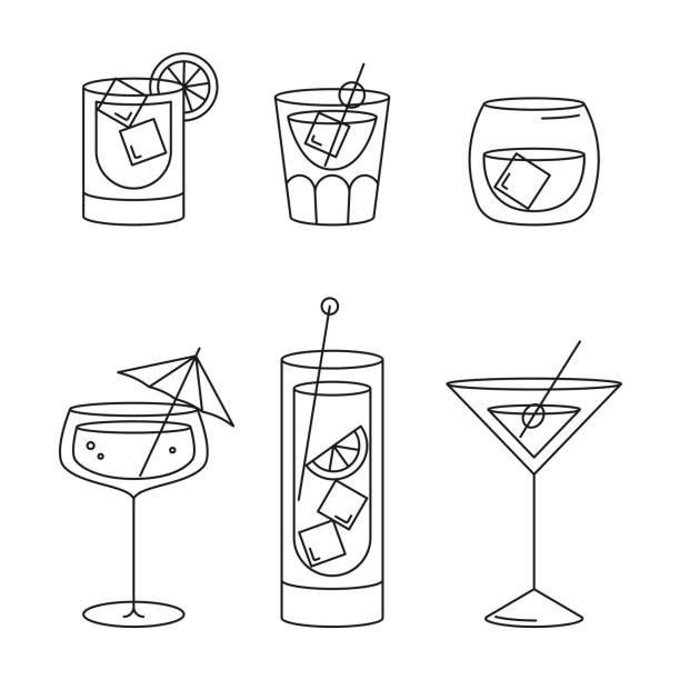 ilustraciones, imágenes clip art, dibujos animados e iconos de stock de iconos de línea delgada de bebidas. iconos vectoriales de cóctel. ilustración aislada. - bartender