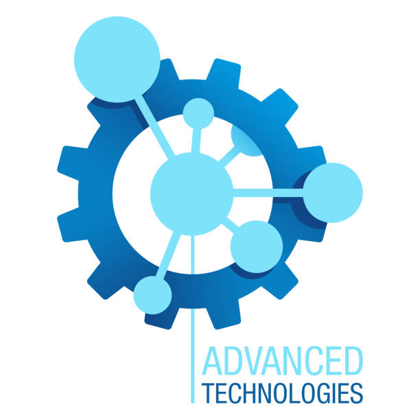 Advanced technologies logo template with gears Advanced technologies logo template. Engineering Industry Production Manufacturing in creative futuristic gearbox form - vector corporative element. Vector icon gears stock illustrations