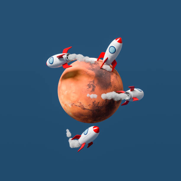 istock Cartoon Spaceships Flying and Landed on Mars on Blue Background 1323509572