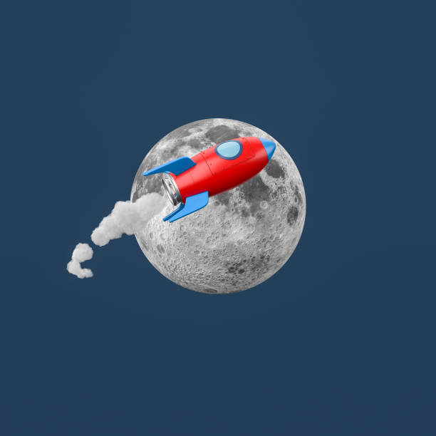Cartoon Spaceship Flying around the Moon on Blue Background