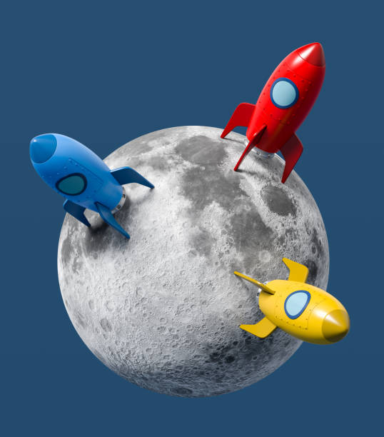istock Cartoon Spaceships Landed on the Moon on Blue Background 1323510367