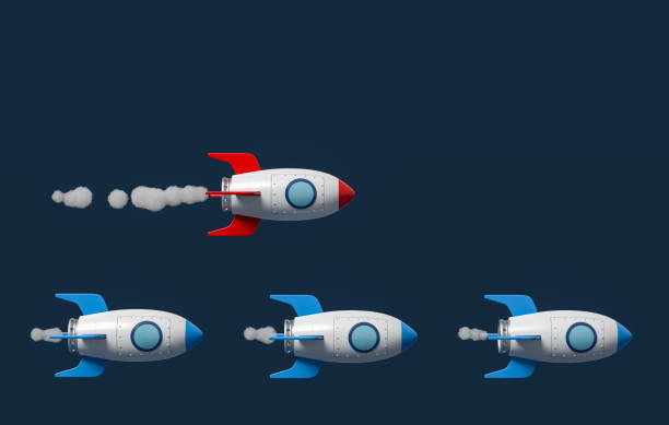 istock Cartoon Spaceships Racing on Blue Background 1323510416