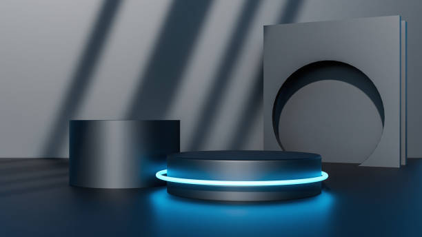 istock Podium - round dark blue pedestal under lshadow. Backlight illuminates empty space for promotion of goods. Minimalistic 3d render mockup illustration. 1323512984