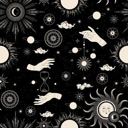 Seamless pattern. Zodiac circle, moon face, face of the sun, planet and galaxy. Magic hands. Astrology. Vintage background.