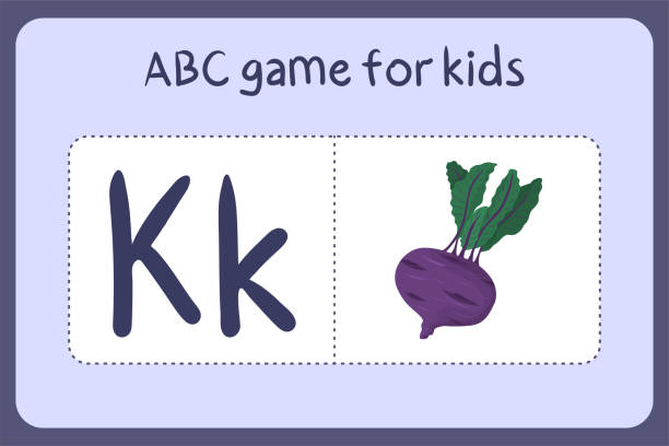 детский алфавит мини-игр в мультяшном стиле с буквой k - kohlrabi. векторная иллюстрация к игровому дизайну - вырезать и играть. узнайте abc с фрукт - kohlrabi purple vegetable humor stock illustrations