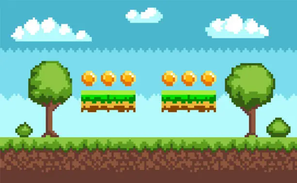 Vector illustration of Pixel-game background with coins flying in sky. Pixel art game scene with green grass and tall trees