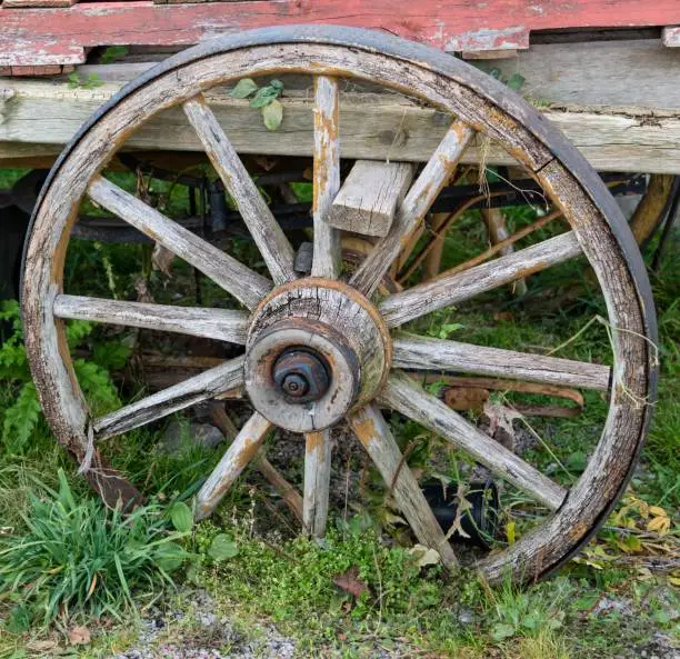 Photo of Old wooden wheel on a wagon