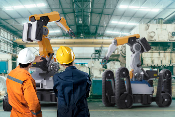 istock Engineer working with robot arm machine industrial 4.0 technology in factory. Futuristic innovation digital technology production management. 1323517925