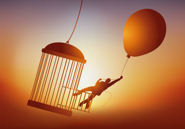 Concept of freedom with a man who escapes from his cage. Concept of escape and dream of freedom, with a man who leaves a bird cage by flying away with a balloon. prison escape stock illustrations