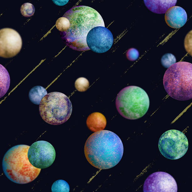 istock Colorful watercolor planets seamless pattern on dark purple universe background. 1323523739