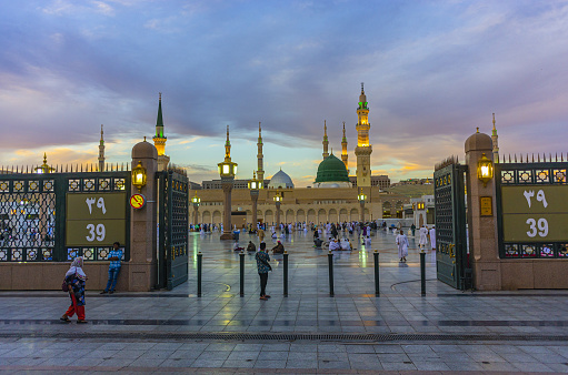 The Front entrance to the compound of Masjid Nabawi Mosque in Madinah, Saudi Arabia. Date 4-3-2019