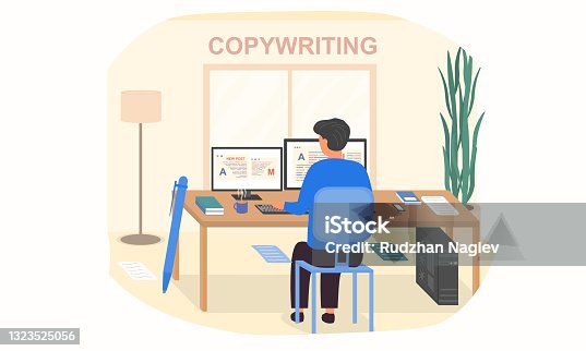 istock Young male character is working as a copywriter in the office 1323525056
