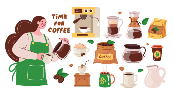 Woman barista and coffee maker making coffee drink. Coffee machine, pots, cup, bean isolated hand drawn modern style set. Modern style flat cartoon graphic illustration Woman barista and coffee maker making coffee drink. Coffee machine, pots, cup, bean isolated hand drawn modern style set. Modern style flat cartoon graphic barista stock illustrations