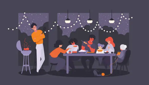 Vector illustration of BBQ dinner party at the evening patio. Multi-ethnic group of people, friends, family. Barbecue night.