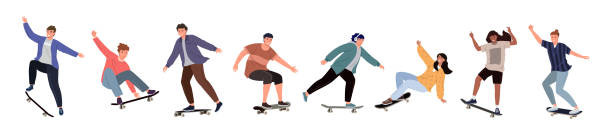 ilustraciones, imágenes clip art, dibujos animados e iconos de stock de skaters sobre fondo blanco - skateboarding