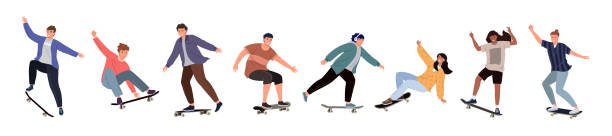 Skateboarders on white background Set of diverse people riding a skateboard. Colored flat vector illustration of skateboarders in different poses isolated on white background skateboarding stock illustrations