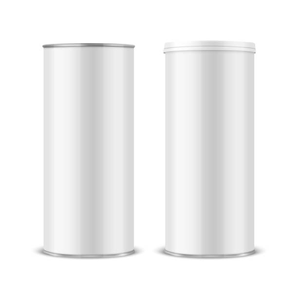 istock Vector 3d Realistic Blank Glossy White Metal Tin Can, Canned Food, Potato Chips Packaging With Lid Set Isolated On White Background. Medium Size. Design Template, Mockup. Front View 1323531374