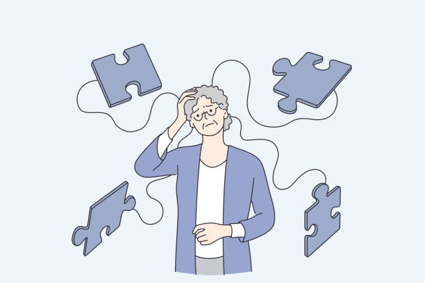 illustrazioni stock, clip art, cartoni animati e icone di tendenza di concetto di pazienti affetti da malattia di alzheimer - women reminder cartoon vector