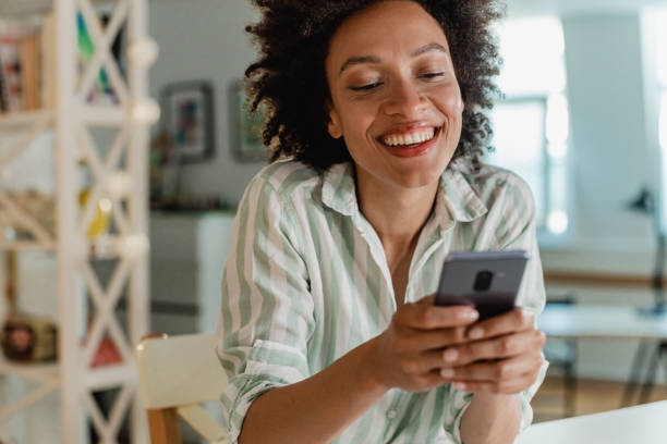 istock Beautiful woman is using mobile phone at home 1323533326