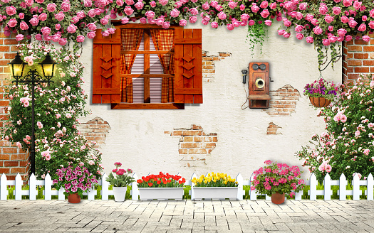 Old wall with window and flowers .\nfloor, old telephone and vase of flowers .\n3D mural art for interior and exterior house decoration\n3d illustration, ancient, architecture, art, background, beautiful, branches, bricks, building, canvas, city, colorful, decoration, door, entrance, europe, exterior, facade, floral, flower, frame, france, garden, green, home, house, italian, italy, landmark, landscape, mediterranean, nature, old, outdoor, plant, red, stone, street, tourism, town, traditional, travel, view, village, wall, wall bricks, white, window, windows, wooden