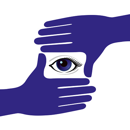 Vector Illustration of a Pair of Human Hands making a Framed Camera having inside an Eye.