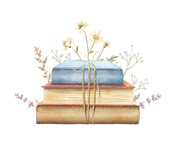 akwarela vintage retro stos książek w różnych kolorach z łąki suszone kwiaty - herbarium stock illustrations