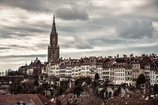 Aerial View Of Beautiful Buildings And Bern Minster Cathedral In Bern, Switzerland