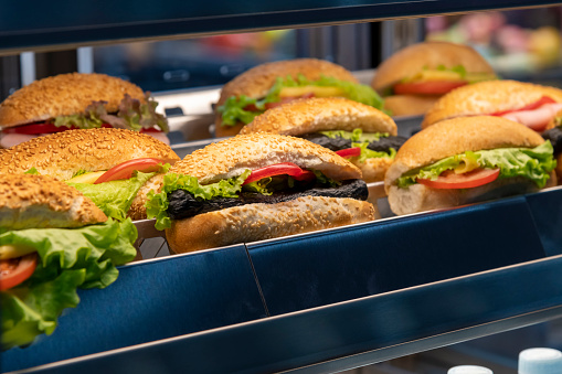 Group of different sandwiches made from sesame buns with various type of meat, vegetables and salads lies on shelf. Side view. Buffet and catering service theme.