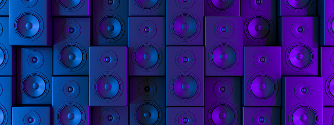 3d rendering of audio speakers with neon lights. Music party concept.